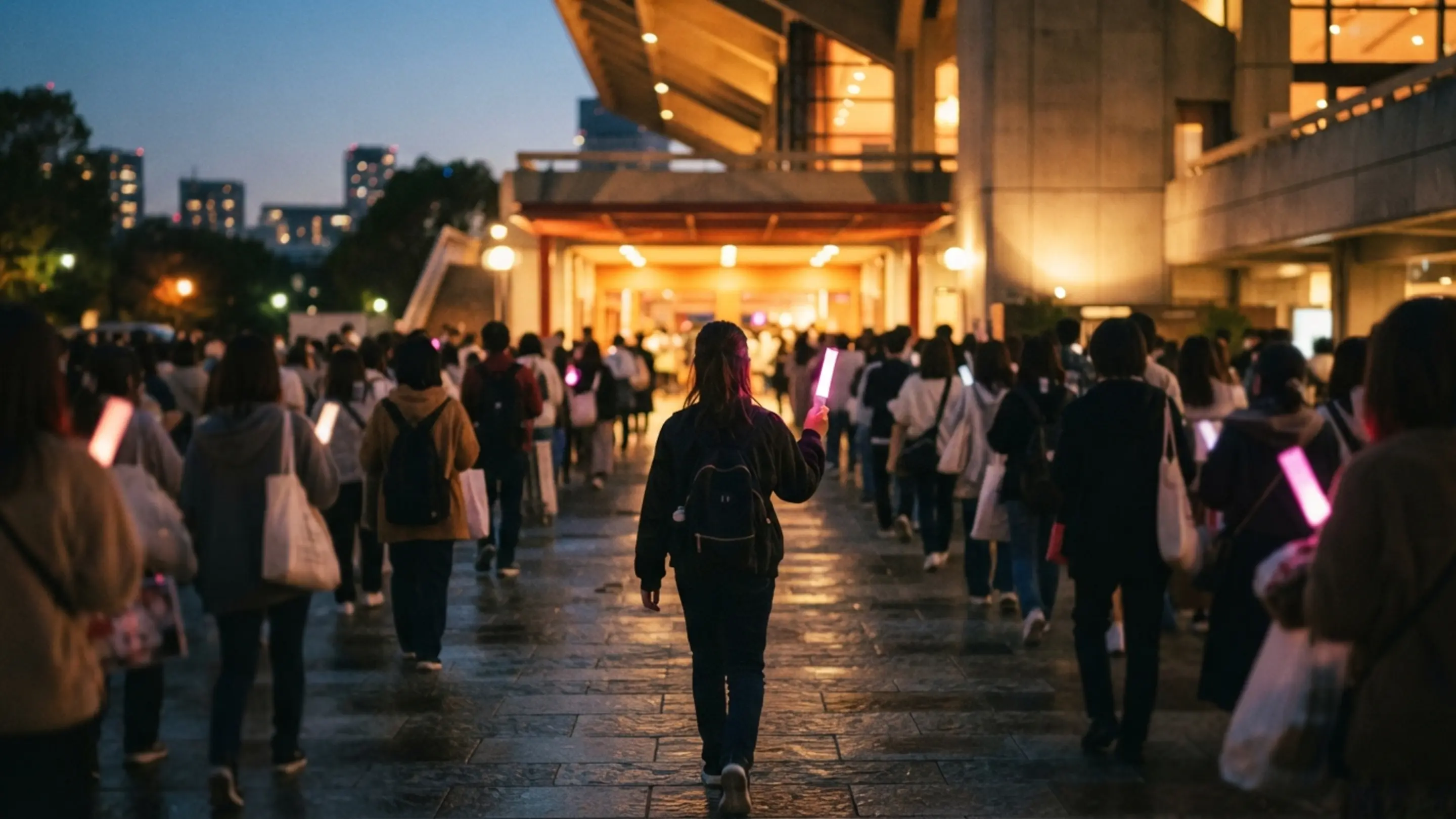 ペンライトを持ってライブ会場の入り口に向かう人の様子