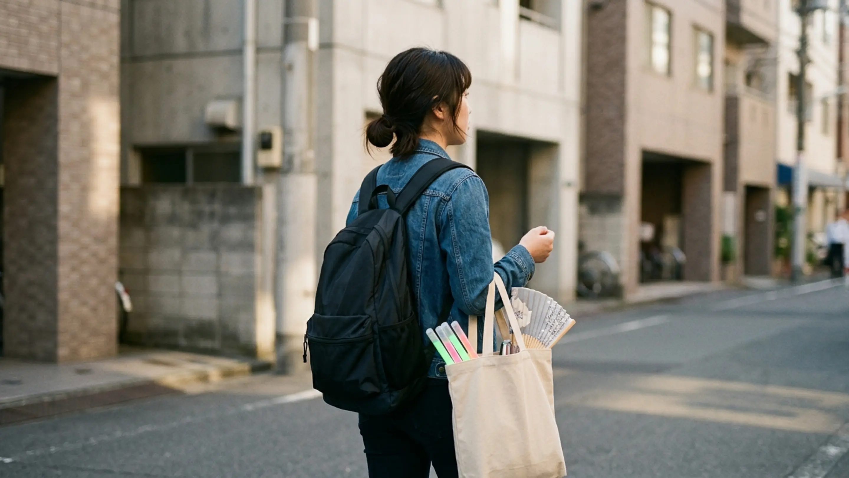ライブ会場へ向かうファンが肩にかけた遠征バッグと、中から覗くペンライトやグッズの様子